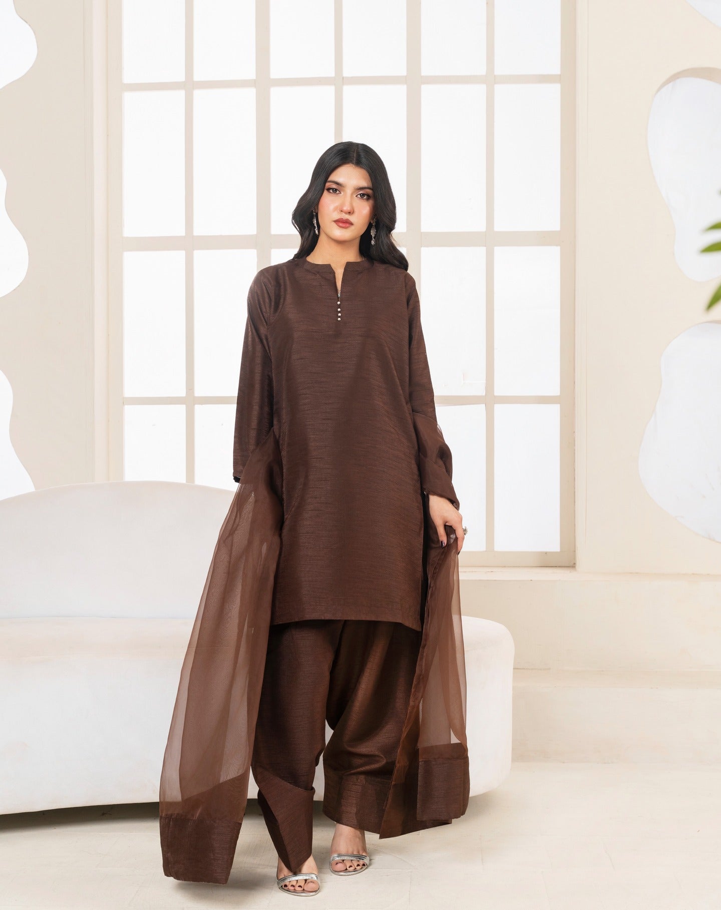 Noor-2 Brown Two-Piece Suit with Organza Dupatta - Niraan.pk