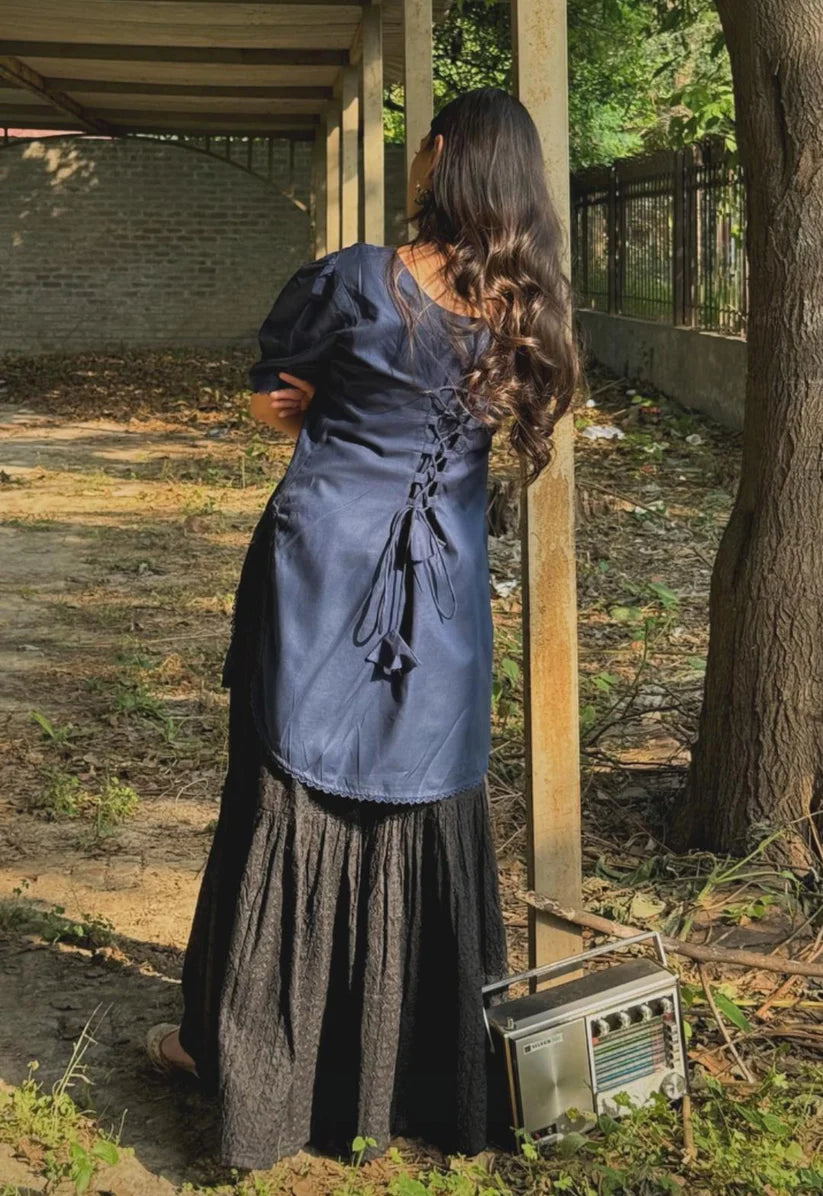 Midnight Elegance Tie-Back Top with Black Skirt - Niraan.pk