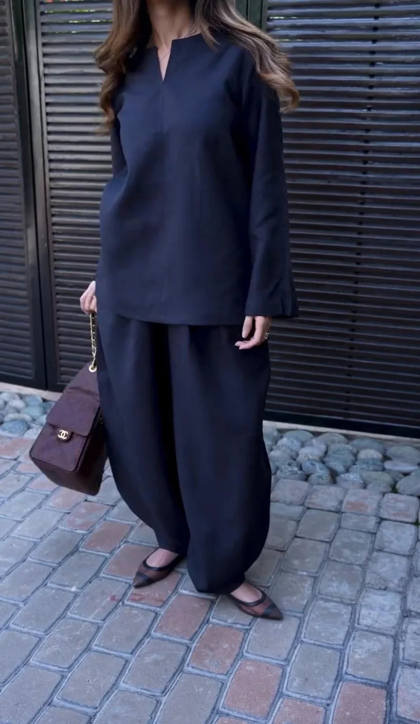 Midnight Minimal Co-Ord Set – Relaxed Fit Black Ensemble - Niraan.pk