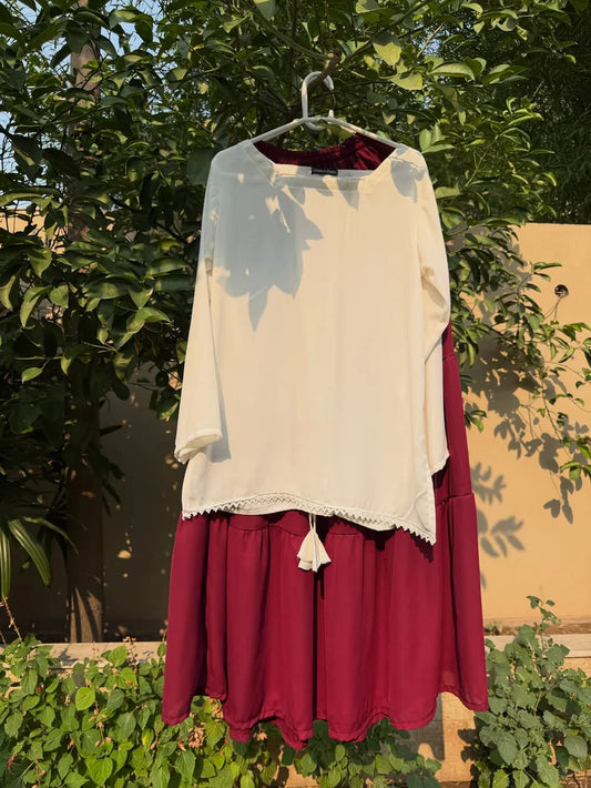 Elegant Cream Kurta with Maroon Flowy Skirt - Niraan.pk