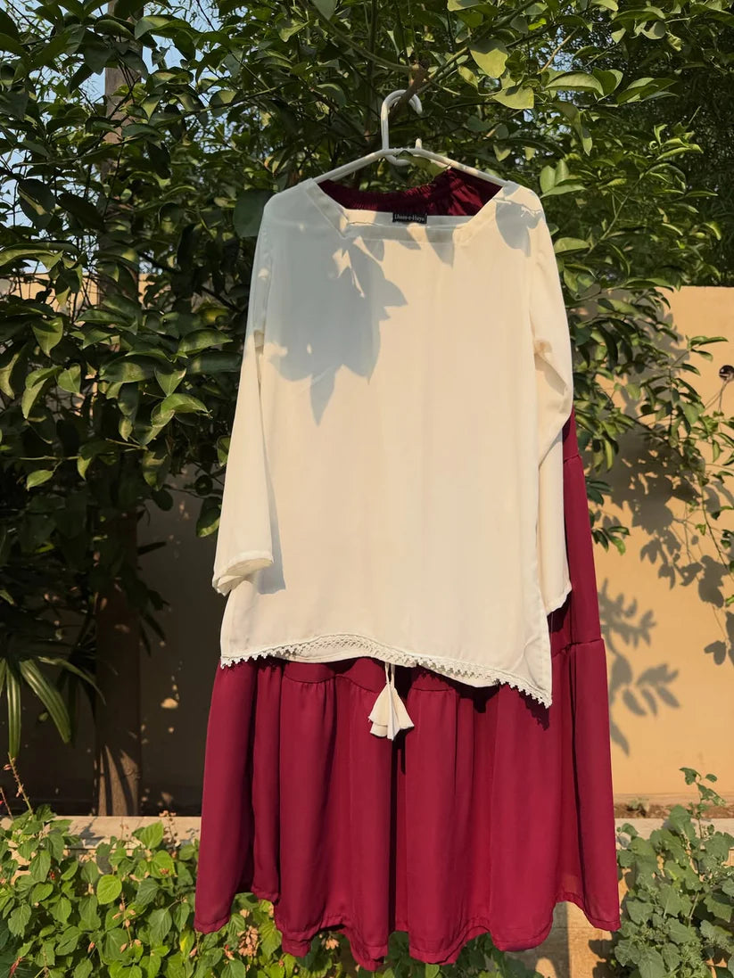 Elegant Cream Kurta with Maroon Flowy Skirt - Niraan.pk