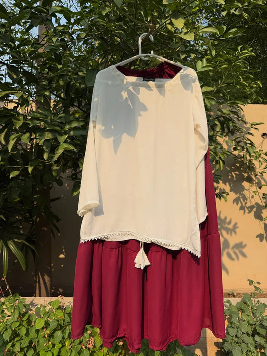 Elegant Cream Kurta with Maroon Flowy Skirt - Niraan.pk
