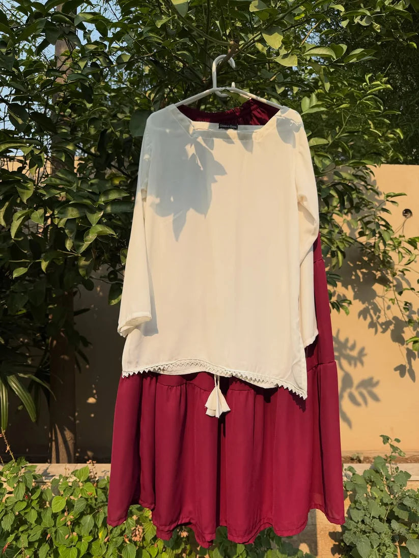 Elegant Cream Kurta with Maroon Flowy Skirt - Niraan.pk