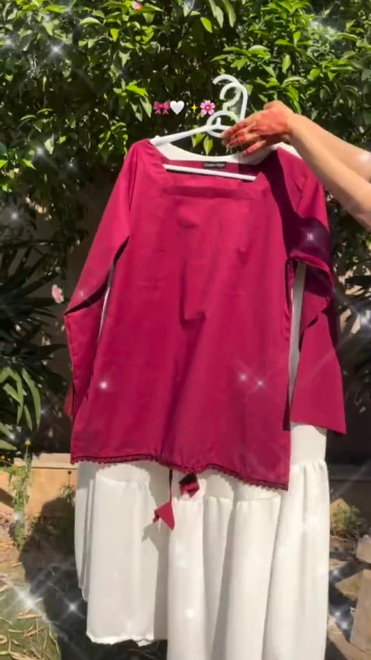 Chic Maroon Lace-Up Kurta with Flowy White Skirt - Niraan.pk