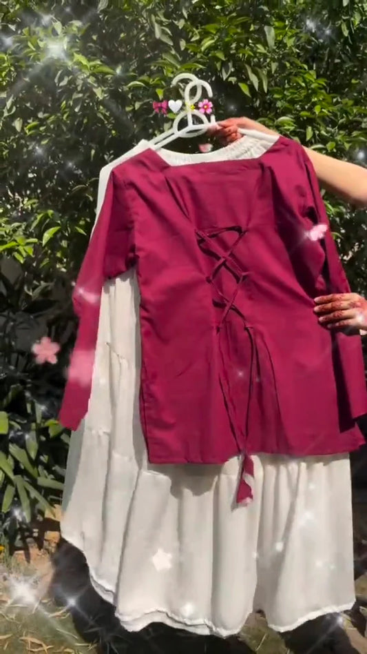 Chic Maroon Lace-Up Kurta with Flowy White Skirt - Niraan.pk