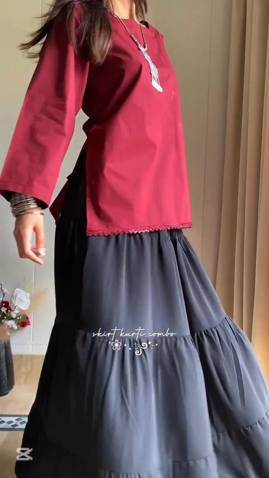 Elegant Lace-Up Co-Ord Set for Women – Maroon & Black - Niraan.pk