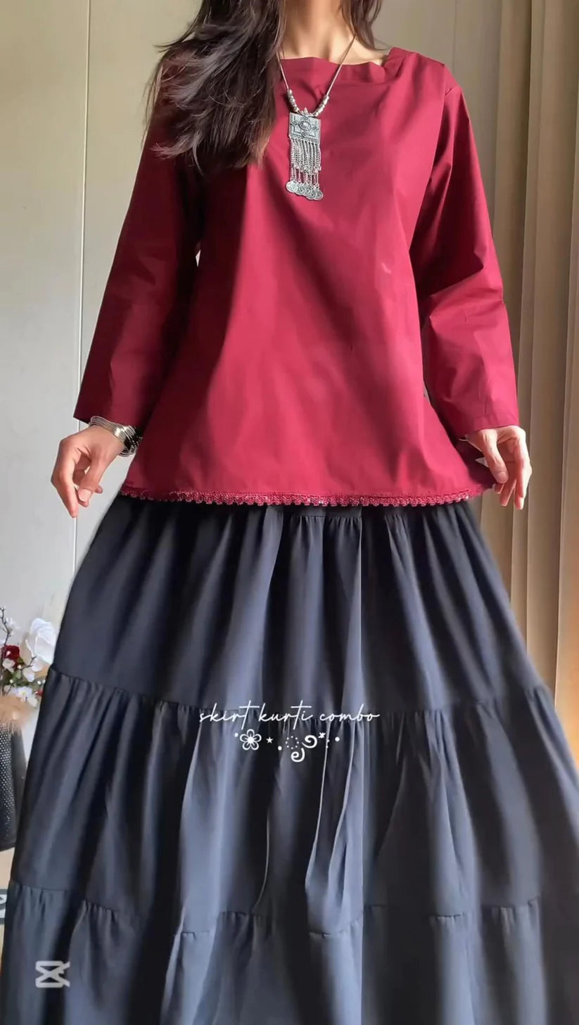 Elegant Lace-Up Co-Ord Set for Women – Maroon & Black - Niraan.pk